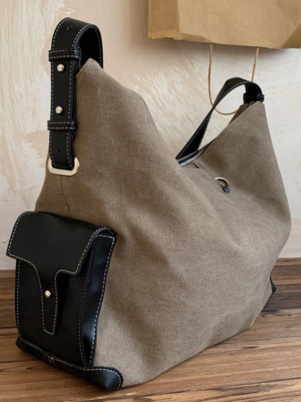 Retro Khaki Canvas & Black Faux Leather Large Slouchy Crossbody Hobo Bag